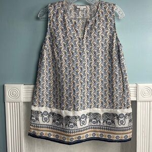 J. Jill Blue and Cream Sleeveless Tunic Style Linen Blouse
